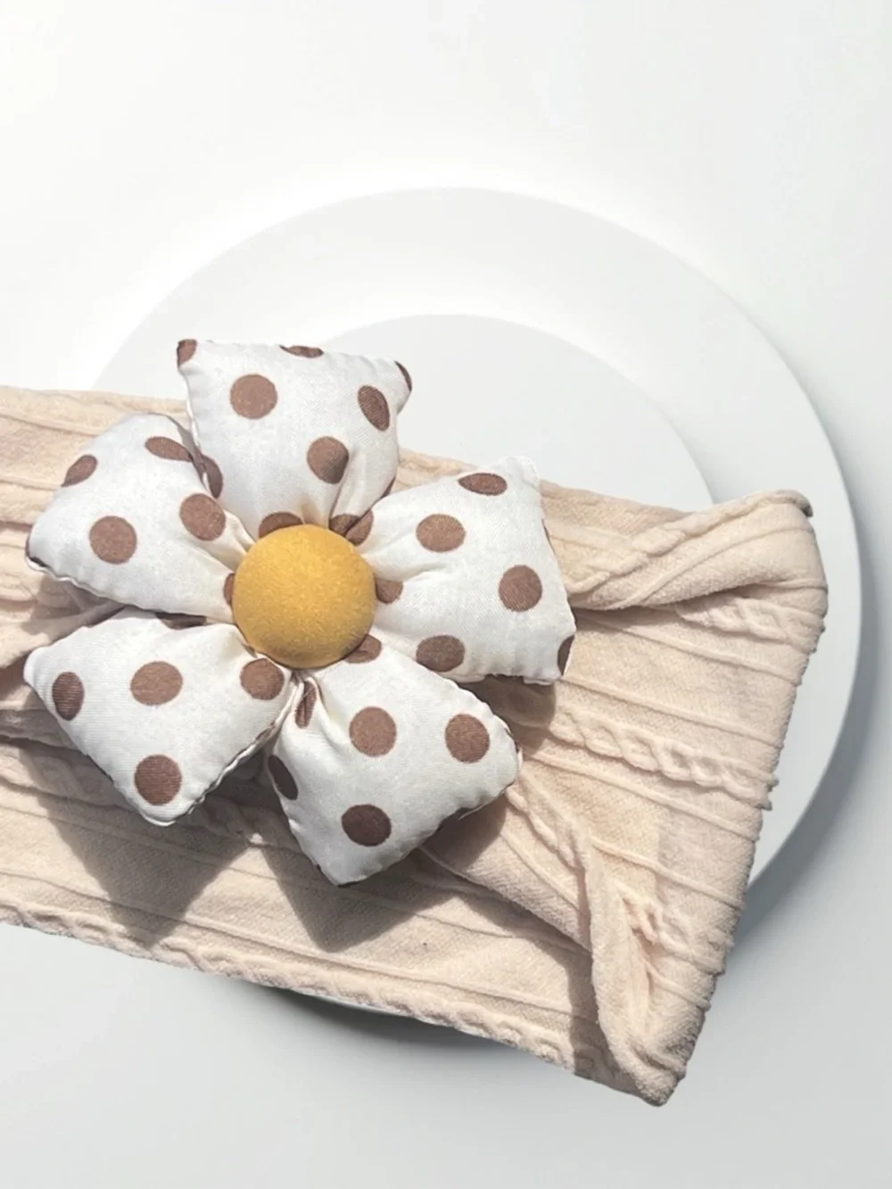 Neutral Polka Dot Flower Headband for Kids - Cream with Brown and Yellow Accent